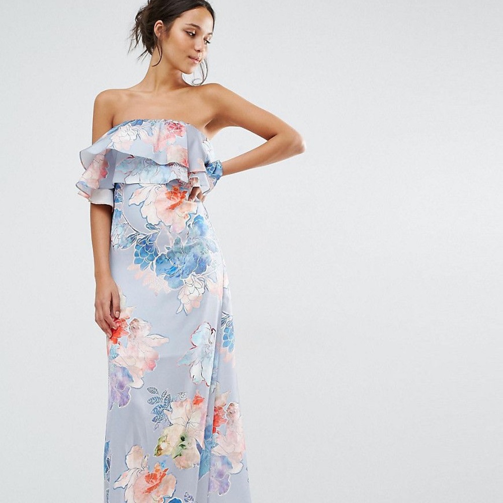 ASOS Etched Floral Frill Bandeau Maxi Dress